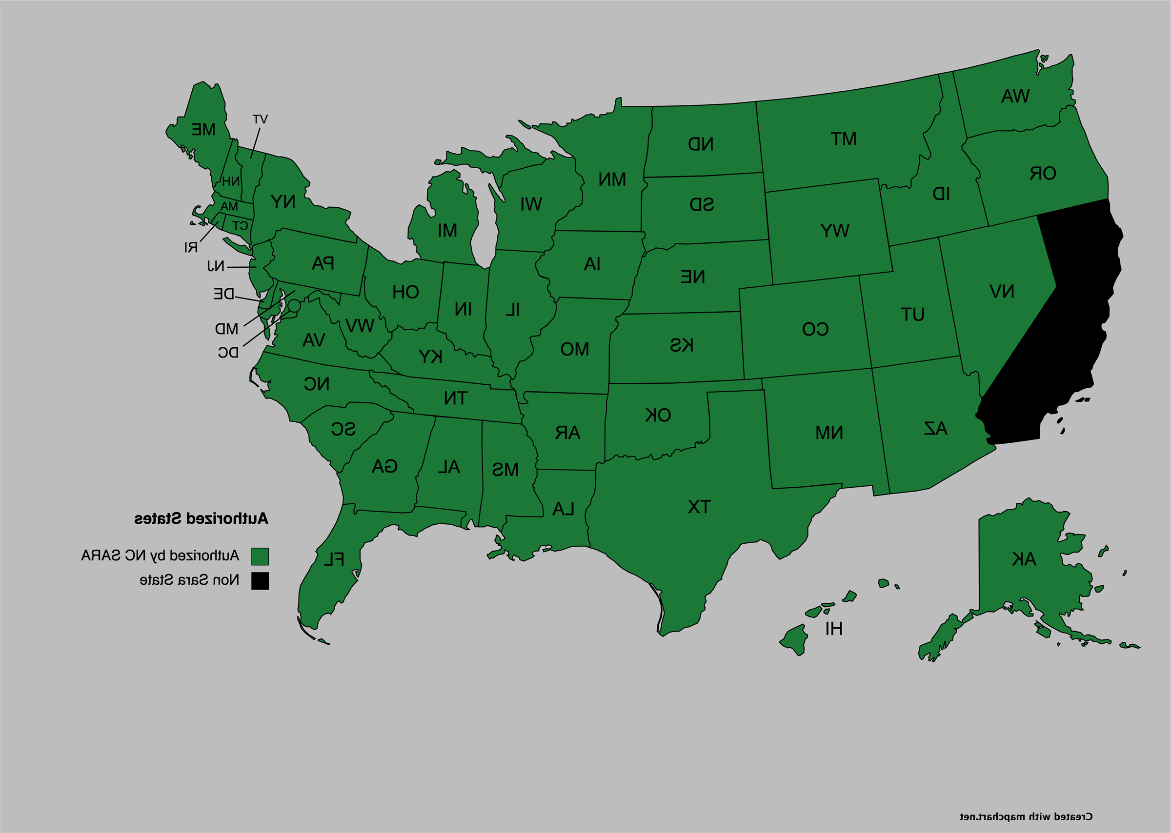 Map of authorize states.  All colored green except Califormia.